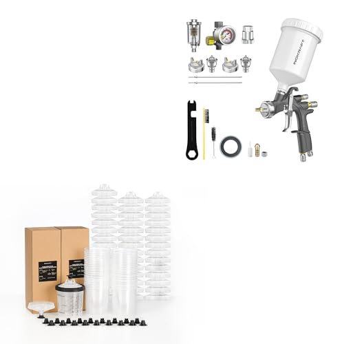 InoKraft D1 LVLP Air Spray Gun+Disposable Paint Sprayer Gun Cup 22 Ounce(650ml) Kit with 45 Cups and Lids System, 1 Hard Cup with Retainer Ring and 20 Plugs