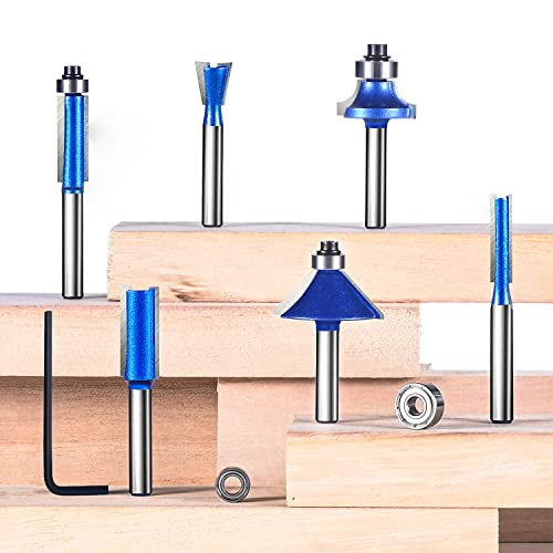 1/4” Shank Router Bit Set 6pcs, Carbide Tip Multi-Purpose Professional Router Bits Set for Straight, Trimming, Edging, Dovetail Joinery