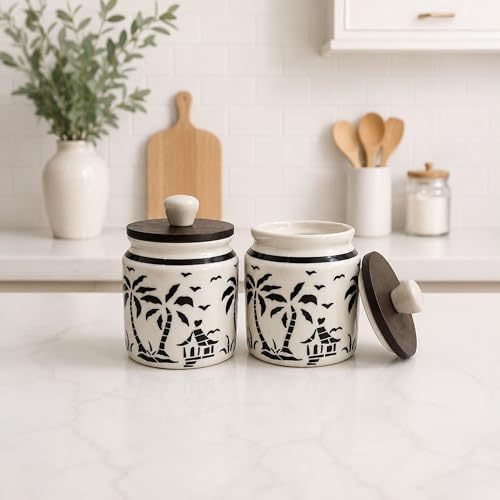 Image of Ceramic Kitchen Jars for Storage | Air Tight Containers with Wooden Lids | Masala, Salt, Pickle, Dry Fruits & Multi Utility Items Organiser Set (Hand-Painted, Black Hut, 450 ML, Pack of 2)