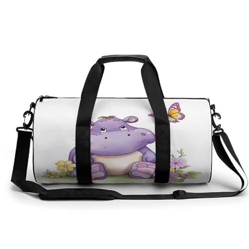 Cylindrical Gym Bag,Butterfly And Hippo Sports Gym Bag,Workout Bags,travel Weekender Bag,Duffle Travel Bag for Men Women