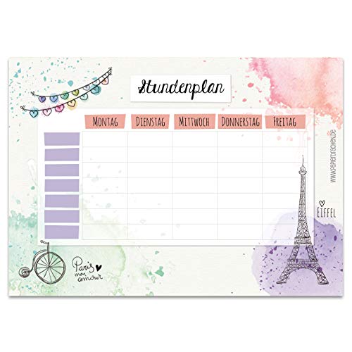 Papierdrachen Stundenplan DIN A4 Block - Motiv Paris - beschreibbar und ideal als Geschenk für Schule oder Uni - Terminkalender und Wochenplan für Jugendliche und Erwachsene