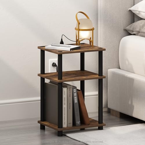 Image of Furinno JUST Night Stand, 3-Tier Turn-N-Tube Nightstand with Charging Station, Bedside Table, End Table, Side Table with USB and Type-C Port, for Bedroom, Closet, Dorm, Amber Pine