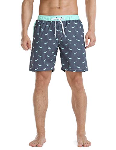 Nonwe Men's Bathing Shorts Printed Quick Dry Drawsting with 3 Pockets Firebird Gray