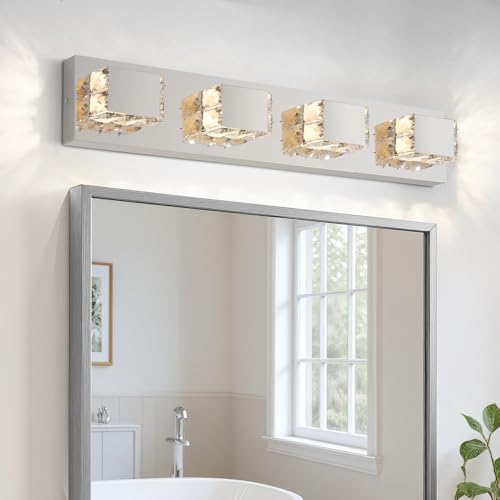 Image of 4-Light Bathroom Light Fixtures,Modern Crystal Bathroom Vanity Lights Fixture Over Mirror, Crystal 4 Lights Wall Sconce for Mirror Bedroom, Living Room