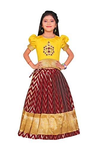 Image of FELIZ THE DESIGNER STUDIO Girl's Readymade Traditional Pattu Pavadai Lehenga Choli Kids( Yellow-Maroon 18-24 Months )