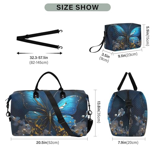 Large Travel Duffel Bag, Gold Blue Butterfly Night Sports Tote Gym Bag, Shoulder Weekender Overnight Bag for Women Men, Carry On Luggage with Toiletry Bags3
