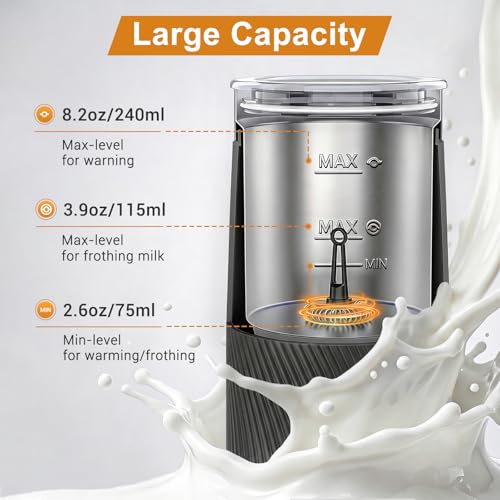 Image of Wowteam Milk Frother, 4-in-1 Electric Milk Steamer, Warm and Cold Milk Warmer and Foam Maker for Coffee, Latte, Cappuccinos, Macchiato, 8.2oz /240ml, Stainless Steel (Black)