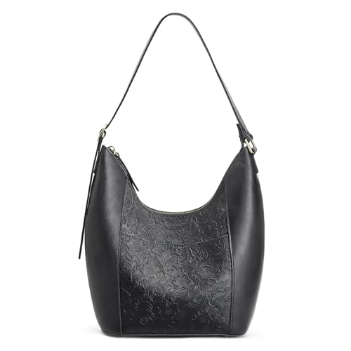 Image of S-ZONE Leather Purses for Women Shoulder Hobo Handbag Rose Pattern Travel | Full Grain Cattle Leather, Fits 9.7-inch Tablet, Daily Casual, Adjustable Shoulder Strap, Multi Pocket Storage