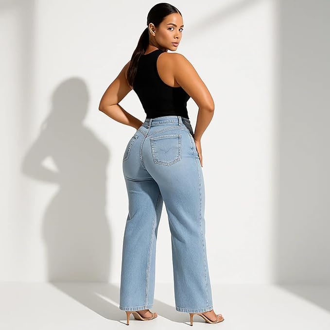 New Curvola BBL Jeans, Deneva Distressed Pants Mid-Low Rise Stretch Tummy Control Baggy Straight Leg3