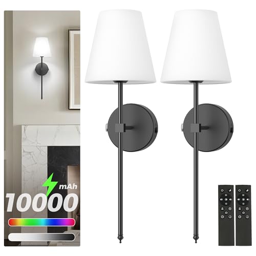 Image of DORESshop Battery Operated Wall Sconce Set of Two, 10000mah Black Rechargeable Wall Sconce with Remote Control, 9 Colors Indoor Wireless Wall Lights for Bedroom Living Room Hallway, Dimmable