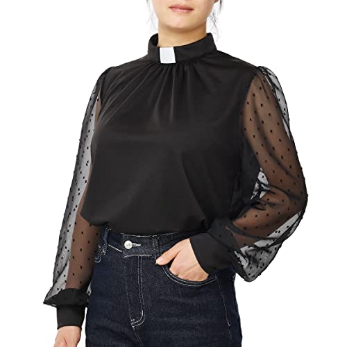 Church Priest Clergy Shirt For Women Transparent Mesh Long Lantern Sleeve Top With Tab Insert Stand Collar #TOP16