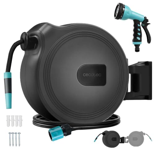 Cecotec Carrete de Manguera de 20m HydroShell 20. Enrollador Automático con SlowReturn Technology, Portátil y Ergonómico, Incluye Boquilla Simple y Pistola Pulverizadora, Conexión Universal 3in1