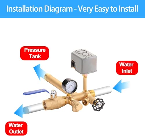 1"x 11"Well Pressure Tank Tee Kit with 30/50psi Pressure Switch,Brass Pressure Tank Installation Kit for Water Well,Fit Most pressure tanks with diameters up to 16"