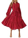 MASCOMODA Womens Dresses 2025 Fall Long Sleeve Midi Dress Casual V Neck Button Down Tiered Flowy Aline Tie Waist Shirt Dress(Red,Medium)
