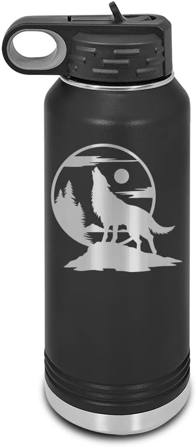 RDW Howling Wolf Moon Laser Engraved Water Bottle Customizable Polar Camel Stainless Steel with Straw - wild wilderness nature freedom Black 32 oz