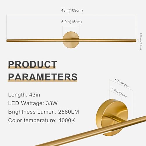 Image of Gold Bathroom Light Fixtures Over Mirror 43 Inch, 33W 360 Rotatable Dimmable 4000K Led Brass Vanity Light Bar, Brushed Gold Bathroom Vanity Lights Above Mirror