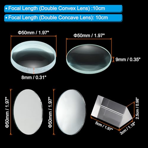 Image of PATIKIL Optical Lens 1 Set, 5 Pcs Double Convex Lens Double Concave Lens Prism Lens Convex Mirror Concave Mirror for Physics Experiment Teaching, Clear