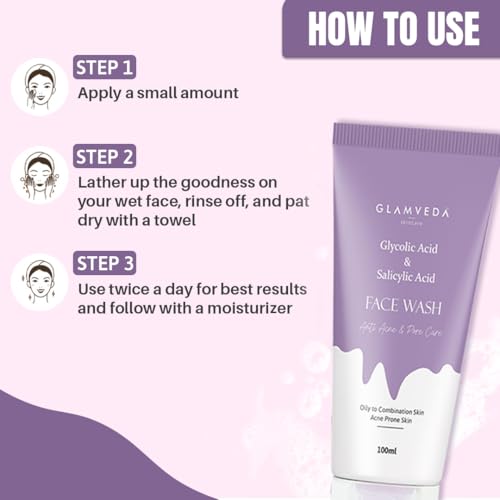 Image of Glamveda Glycolic Acid & 0.05% ww Salicylic Acid Anti Acne Face Wash (100ml Pack of 2) | For Oily & Acne Prone Skin | Oil balancing, Deep Cleansing | No Paraben, SLS