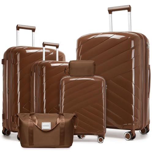 Image of 6 Piece Luggage Set Carry on Suitcase with Spinner Wheels, Expandable Hardshell Luggage PP Lightweight Suitcase Set for Women(32 /28 /24 /20in Mocha)