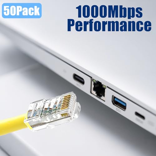 Image of 50 Pack Cat5e RJ45 Pass Through Connectors, UTP Ethernet Cable Ends | Awishwell Cat5 RJ45 Connector Plugs for Solid & Stranded Wire, Modular Crimp Ends for Network LAN Cable Termination