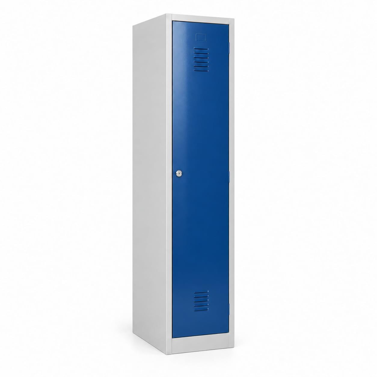 Schrank & Stuhl Spind – Metallspind mit einem Abteil in 180 x 41,5 x 50 cm, inkl. Hutboden, Trennwand und Zylinderschloss, Lieferung komplett montiert, Grau/Blau