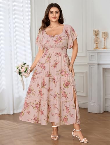 Image of SCOMCHIC Womens Plus Size Maxi Dress Formal Short Sleeve Square Neck Smocked Side Split Flowy A Line Tiered Long Dress