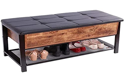 Panca da Ingresso in Stile Industriale, Panca portascarpe con scarpiera in Legno, Panca Imbottita in Pelle, scarpiera da corridoio in Stile Rustico (Color : Brown, Size : 24x12x19i