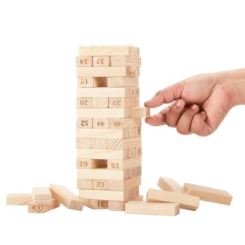 Image of Amazon Brand - Jam & Honey- 54pcs Premium Hardwood Tumbling Tower,4 Dices | Wooden Building Blocks | Stacking Tower Game |Party Game, Birthday Gift for Adults and Kids Age 6+, Multiplayers