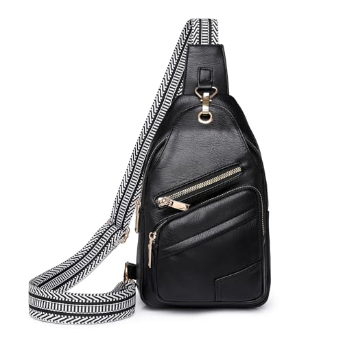 Crossbody Sling Bags for Women Men Vegan Leather Travel Purse Fashionable Chest Bag with Patterned Strap