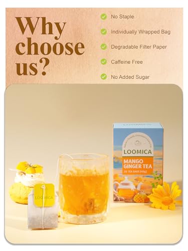 Image of LOOMICA Mango Ginger Tea Bags, Caffeine-Free, Spiced Herbal Tea with Ginger, Cardamom & Cinnamon, Naturally Sweet & Tropical Vibe, Perfect for Relaxation, 20 Counts