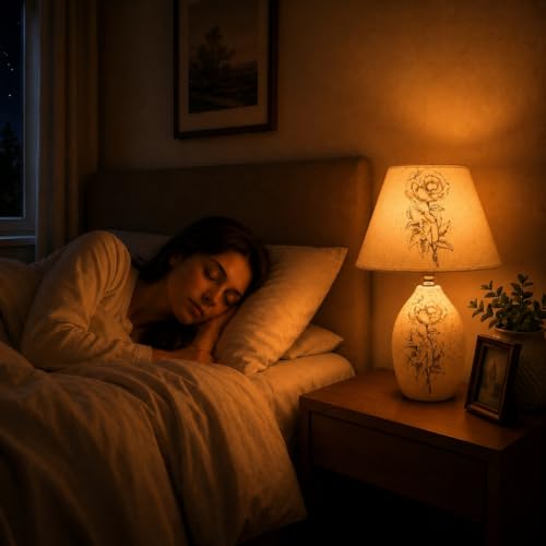 Image of ELARE Ceramic Table Lamp with Floral Printed Fabric Shade, LED Bulb Included, Bedside Lamp for Girls Bedroom, Living Room & Home Decor, White (38 cm)