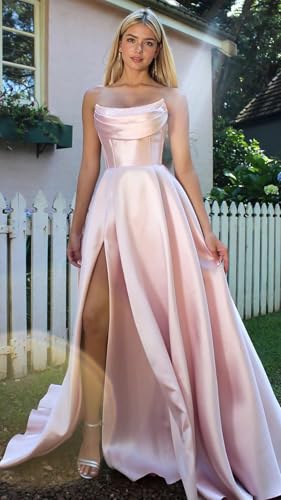 Strapless Satin Prom Dresses with Slit Long Corset A Line Formal Evening Party Gowns with Pockets2