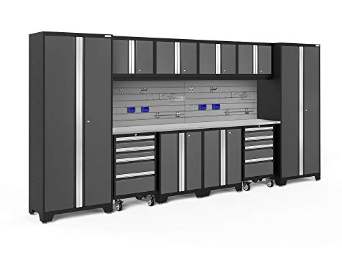 ?????NewAge Products Garage Cabinets Bold Series 12 PC Set Gray (2 x 48in. Worktops, 2 x Tool Drawer, 4 x Wall, 2 x Two-Door Base Cabinets, 2 x Multi-Use Lockers, Backsplash), 51821