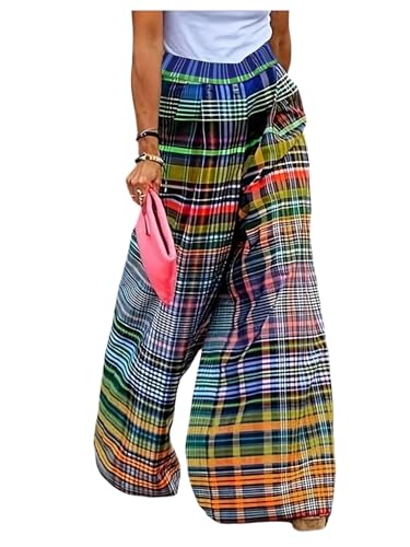 Women's Wide Leg Palazzo Plaid Pants Elastic Waist Baggy Beach Vacation Long Pants Trousers