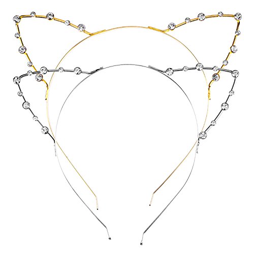 Kristall Strass Metall Katze Ohr Stirnband Haarreif, 2 Stück, Golden und Silbern