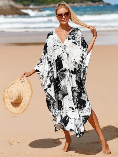 Image of IMAGEKOPE Women's Plus Size Animal Print V-Neck Batwing Kaftan Beach Dress Bathing Suit Cover-Up Loungewear