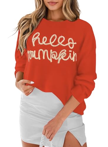 Marzxin Women 2024 Casual Holiday Sweaters Long Sleeve Round Neck Cable Knit Pullover Sweatshirt Tops Halloween Orange Pumpkin M cover