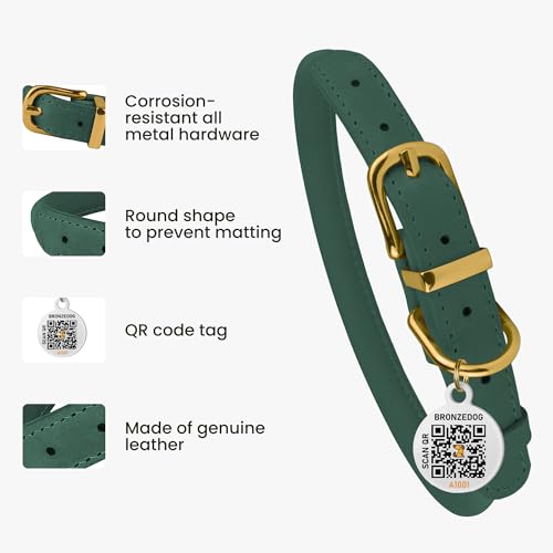 BRONZEDOG Hundehalsband aus gerolltem Leder mit QR-ID-Tag, verstellbar, weiche runde Halsbänder für kleine, mittelgroße und große Hunde, Welpen, Katzen (Smaragdgrün, 35-41 cm)