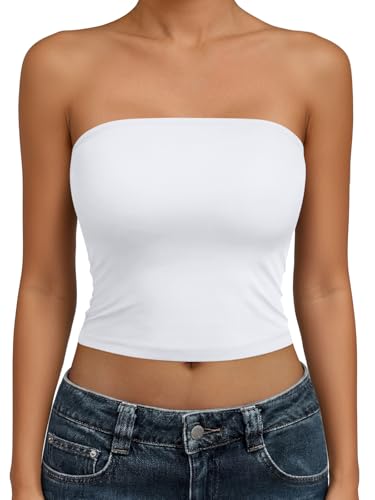 Trendy Queen Womens Tube Tops Strapless Crop Tops Basic Backless Sleeveless Going Out 2026 Spring Outfits Summer Clothes White M
