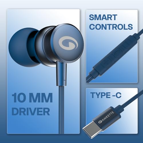 Image of Amkette Trubeats M15 Type C Earphones with Mic, 10mm Drivers, 3 Button Control, AI Assistants, Ergonomic Earbuds Compatible with Smartphones, Tabs & Laptops, Type C Headphones, 1.2m Cable
