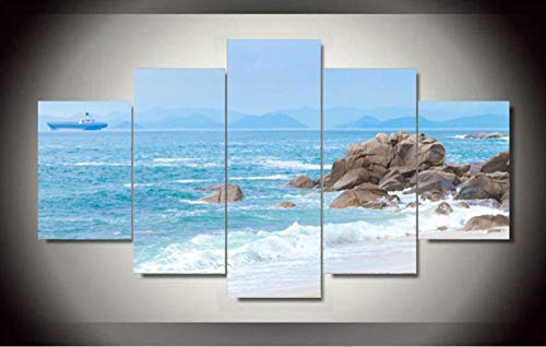 Tableau sur toile 5 pièces avec bateau à vapeur et plage pour décoration murale moderne
