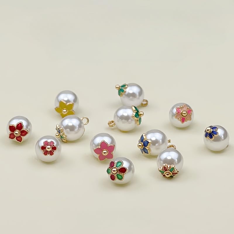 Bottoni di perle, 50 szt. 10 mm zielony kwiatek biała perła mała okrągła kula perłowe guziki okrągła gruszka do rękodzieła tkanin(Green Flower)