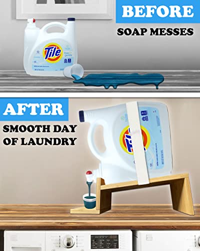 Image of Liquid Laundry Detergent Holder Stand with Tray & Strap - 1 Pack - Wood | Easy Pouring, Rubber Feet, Angled Stand, Fabric Softener Dispenser for Laundry Room Organization & Storage