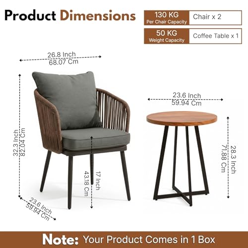 Image of DEVOKO Outdoor 3 Pieces Wicker Patio Garden Furniture Set with Weather Resistant Rattan & Rust Proof Metal Frame Water repllent Cushions(Dark Brown & Dark Grey)