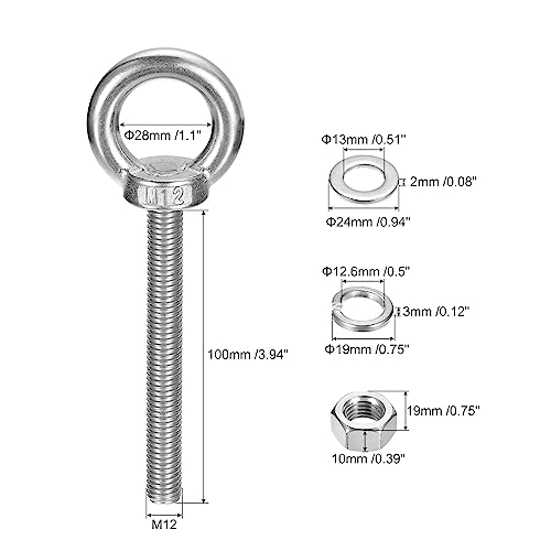 Image of uxcell Lifting Eye Bolt, 1 Set M12x100mm Eye Bolt with Nut Washer 304 Stainless Steel Shoulder Lifting Ring Eye Bolt for Hanging Item