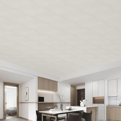 Dureidos Glue-up Ceiling Tiles Foam White Flower Pattern, Ceiling Tiles Peel and Stick, Easy to Install for Ceil and Wall, 16 Pcs Covered 21 Sq.Ft (13.8x13.8 inch), Plain White