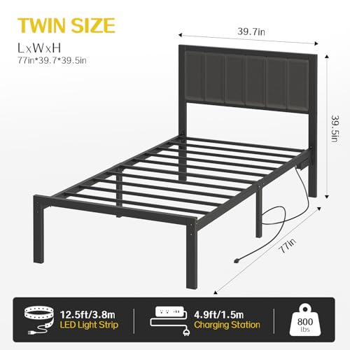Image of OLEVS Twin Bed Frame with Headboard, Smart LED & Charging Station | Metal Platform Bed Twin Size with LED Light, USB Charging & Upholstered Headboard for Kid, Boys, No Box Spring Needed, Black