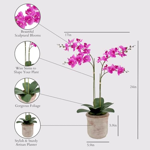 Image of CG Hunter Faux Pink Orchid Plant, Premium Artificial Indoor Flower Display Stands 24 inch, Beautiful Sculptural Blooms That Lasts Forever, Grey Planter Pot Included