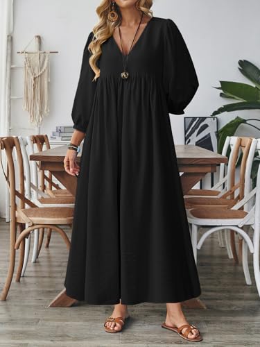 Image of Celmia Autumn Solid Loose Long Maxi Dress Cotton Caftan