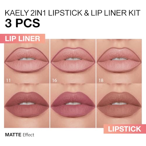 Image of Kaely 3Pcs Gradient Matte Lipstick Lip Liner Pencil Set for Women, 2in1 Flawless Contour Gradual Ombre Effect Lip Pencil Makeup Waterproof, labiales mate 24 horas originales, 11+16+18